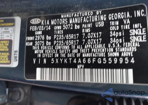 2015 Kia Sorento Lx из США, поврежденный, VIN 5XYKT4A66FG559954